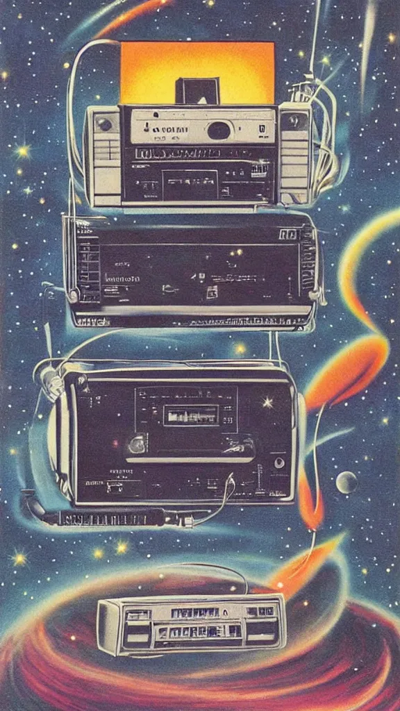 Image similar to 1 9 8 0 s airbrush surrealism illustration of a radio over a cosmic landscape by ryo ohshita