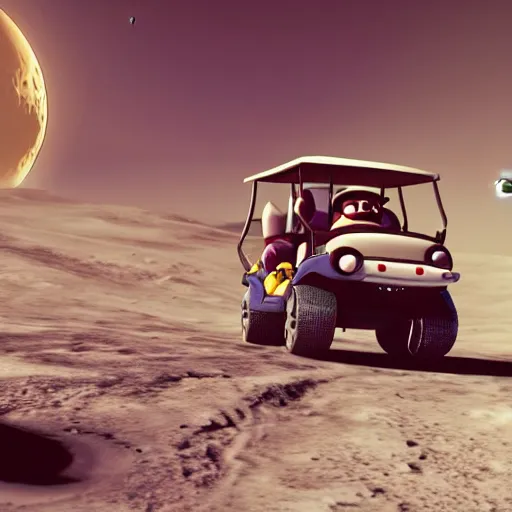 Prompt: wide angle photograph of wario driving a golf cart on the moon, realistic, 4 k, cinematic lighting,