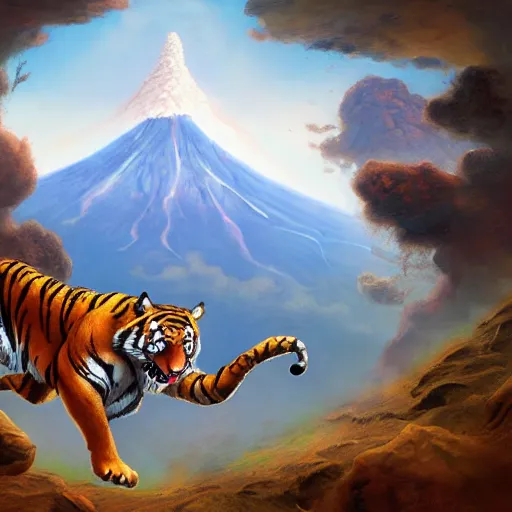 Prompt: tiger running from a volcano by justin gerard, deviantart