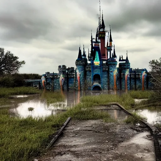 Prompt: post - apocalyptic magic kingdom, wasteland, submerged, monorail, abandoned, wet, swamp, swamp gas, nuclear fallout, yellow mist, yellow sky, dark clouds, walt disney world, highly detailed, intricate, 8 k