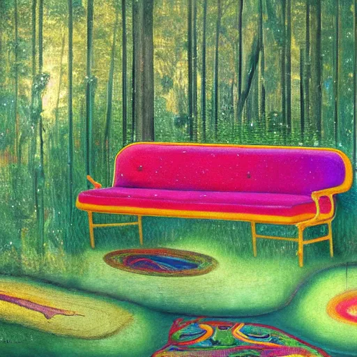 Image similar to psychedelic couch sofa in the lush pine forest, milky way, designed by arnold bocklin, jules bastien - lepage, tarsila do amaral, wayne barlowe and gustave baumann, cheval michael, trending on artstation, canada, star, sharp focus, colorful refracted sparkles and lines, soft light, 8 k 4 k