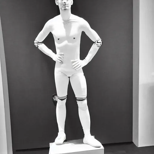 Image similar to “ a realistic detailed photo of a guy who is an attractive humanoid who is half robot and half humanoid, who is a male android, soccer player antoine griezmann, shiny skin, posing like a statue, blank stare, at the museum, on display ”