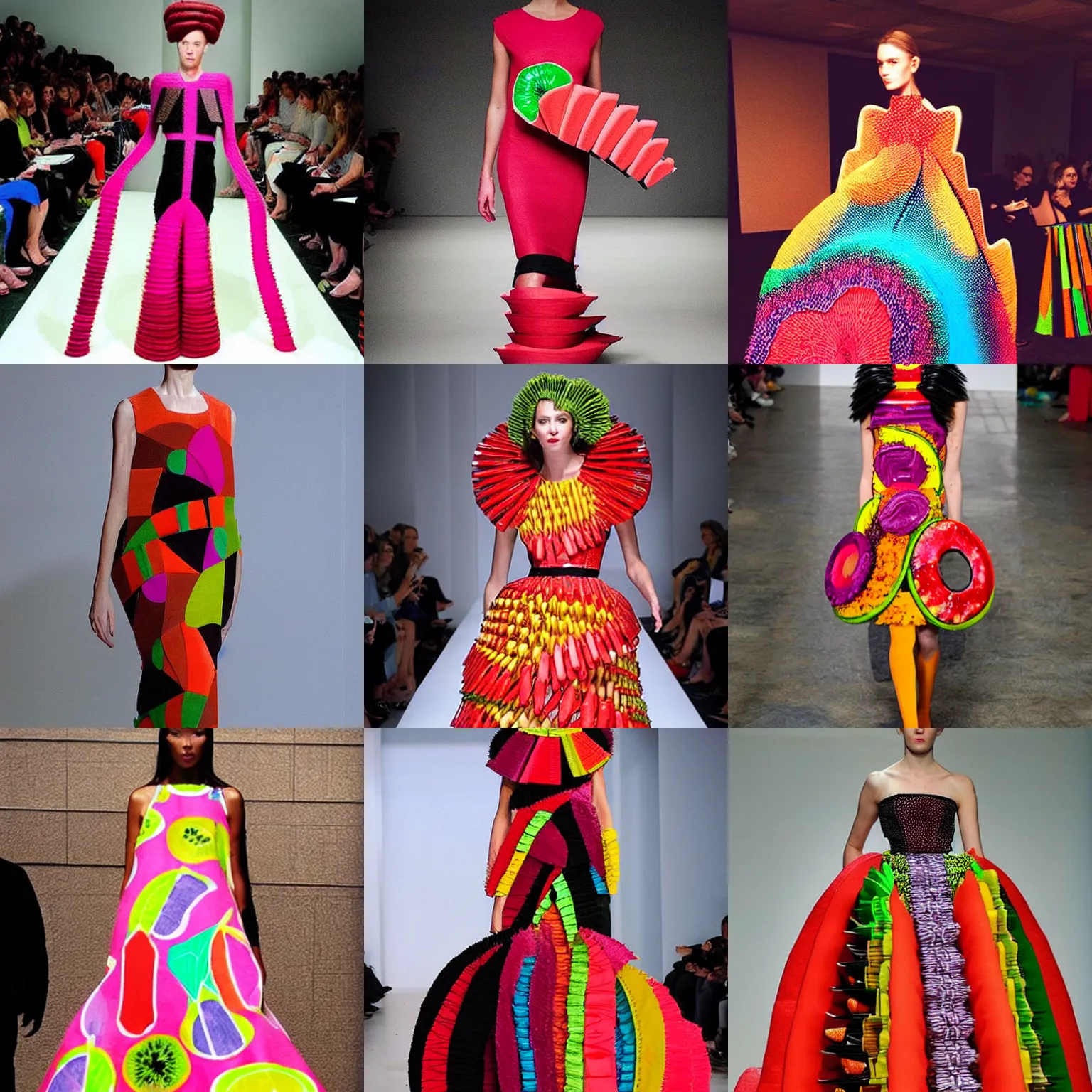 Prompt: “runway model wearing high fashion dress made of giant fruit rollups”