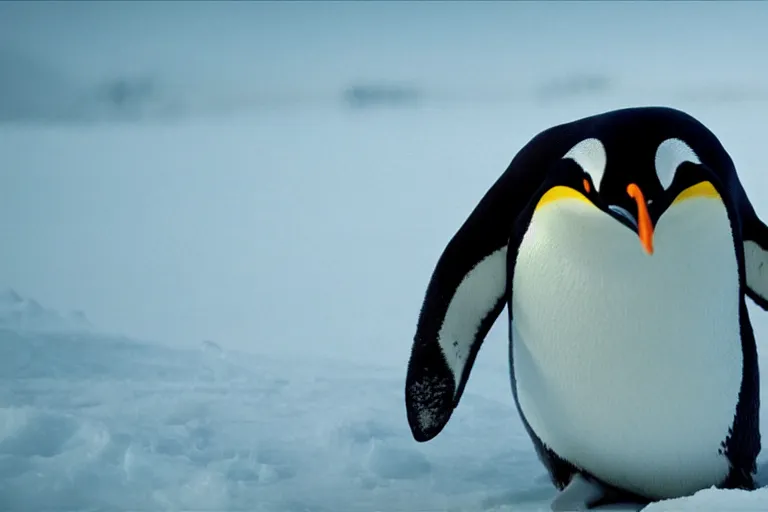 Image similar to movie scene closeup penguin wearing fishbone armor holding a katana sword in a lush arctic. by emmanuel lubezki