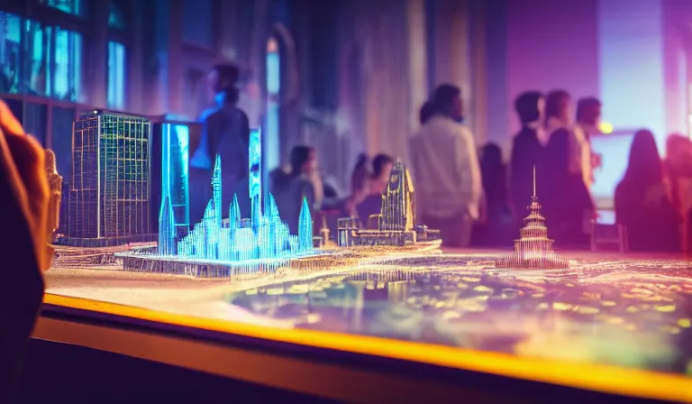 Prompt: crowd of people in open museum, looking at hologram of futuristic city on a table, cinematic concept art, godrays, golden hour, natural sunlight, 4 k, clear details, tabletop model buildings, center model buildings, hologram center, crane shot, wide shot, high shot