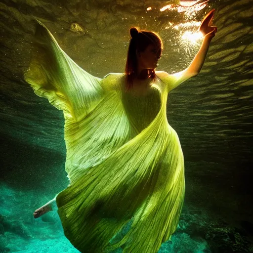 Prompt: woman dancing underwater wearing a dress made of seaweed that is flowing in the current, lighting with caustics from sunlight, cinematic, photorealistic