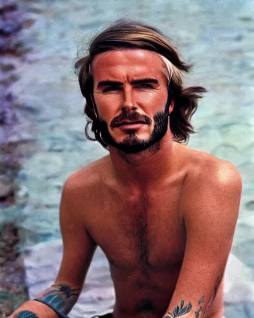 Image similar to a portrait of a 1 9 6 0 s hippie looking like david beckham