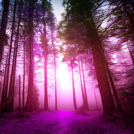 Image similar to purple portal, contains cosmos, inside the dark forest, glowing, vibe, unsettling atmosphere, cinematic, epic, high detail, 8 k, hdr, high resolution, sharp