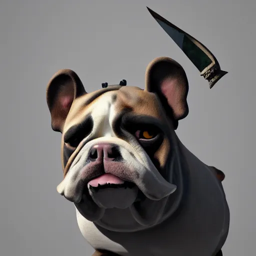 Image similar to photorealistic painting of a bulldog holding a dagger by Guido Reni, highly detailed, cute, unreal engine render, 8k, award winning, trending on artstation