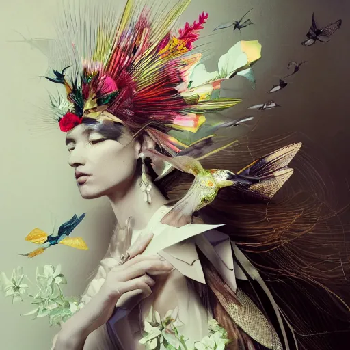 Image similar to 3 / 4 view of a beautiful girl wearing an origami dress, eye - level medium shot, fine floral ornaments in cloth and hair, hummingbirds, elegant, by eiko ishioka, givenchy, ambrosius boeschaert, by peter mohrbacher, centered, fresh colors, origami, fashion, detailed illustration, vogue, native american woman, reallusion character creator