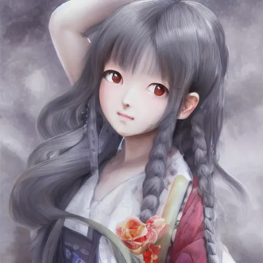 Image similar to dynamic composition, motion, ultra-detailed, amazing details, colorful and grayish palette, HD semirealistic anime CG concept art digital painting, watercolor oil painting of a Japanese schoolgirl, by a Chinese artist at ArtStation, by Huang Guangjian, Fenghua Zhong, Ruan Jia, Xin Jin and Wei Chang. Realistic artwork of a Chinese videogame, gradients, gentle an harmonic grayish colors.