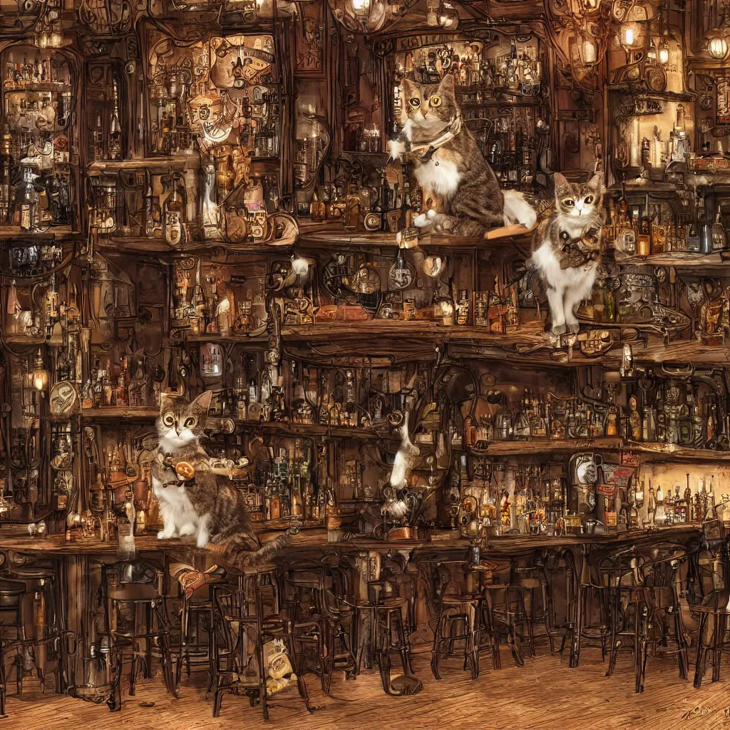 Prompt: photorealistic, steampunk, a single cat sitting at a bar