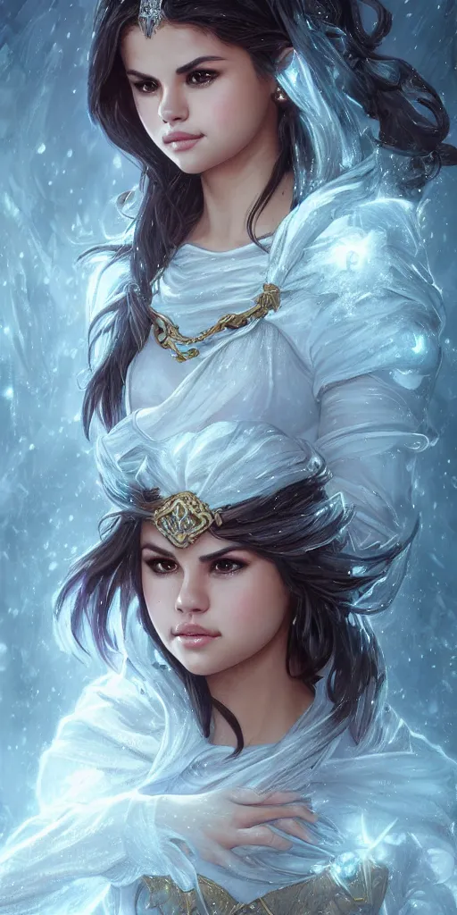 Image similar to Selena Gomez casting an frost spell, D&D, fantasy, intricate, elegant, highly detailed, digital painting, artstation, concept art, matte, sharp focus, illustration, hearthstone, art by Artgerm and Greg Rutkowski and Alphonse Mucha