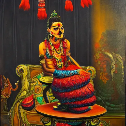 Image similar to a painting of a demon sitting on top of a chair, a detailed painting by ram chandra shukla, pixiv contest winner, bengal school of art, detailed painting, maximalist, art on instagram