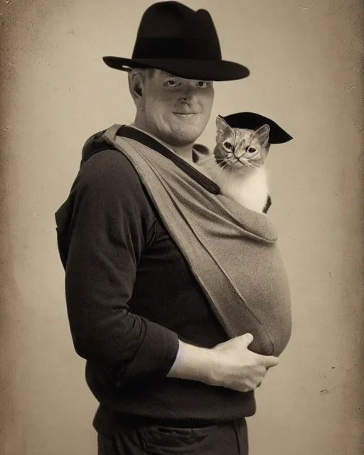 Image similar to gentlemen wearing a hat and wearing a baby sling on the back with a kitten in the sling, studio portrait, golden ratio, backlit