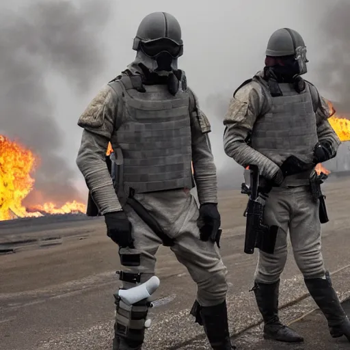 Image similar to British mercenaries wearing grey body armor with grey helmets smoking cigarettes in the aftermath of a bloody battle, photo by Adam Ferguson, Pulitzer Winning, cinematic composition, breathtaking, modern, 2022