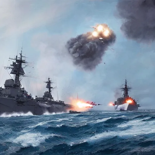 Image similar to an american navy attacking the german navy in ww 2 by greg rutkowski