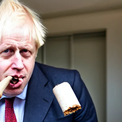 Image similar to medium shot photo of Boris Johnson with a joint in his mouth with smoke coming out, 4k, ultra HD