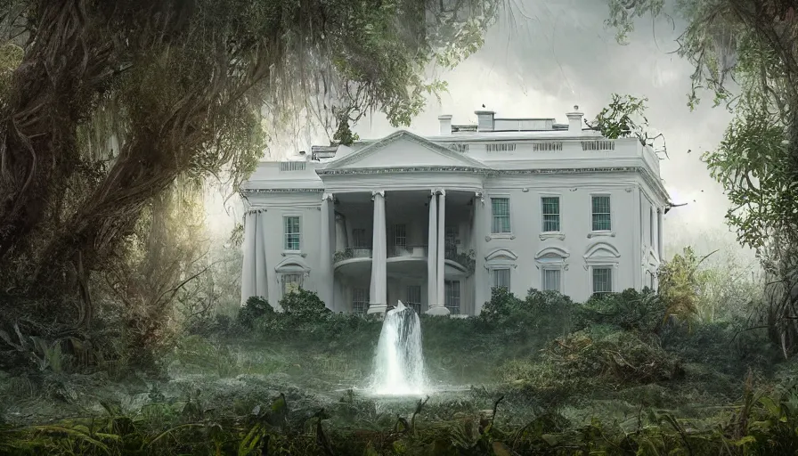 Image similar to Abandoned White House covered by vegetation, game art matte painting, hyperdetailed, artstation, cgsociety, 8k