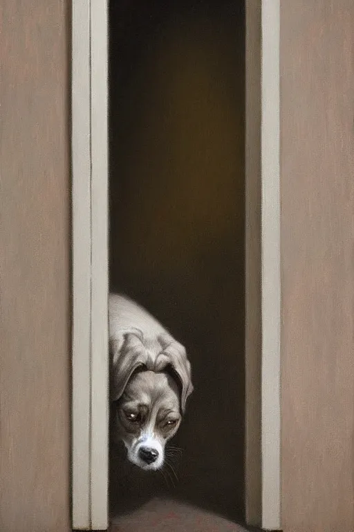 Prompt: dragan bibin painting of a dog in a doorway