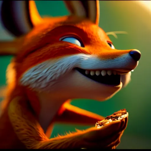 Image similar to weta disney pixar movie still macro close photo of smiling anthropomorphic fox holding on nose a bread with face : : by weta, greg rutkowski, wlop, ilya kuvshinov, rossdraws, artgerm, octane render, iridescent, bright morning, anime, liosh, mucha : :