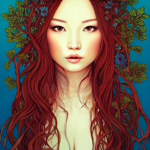 Prompt: portait of beautiful and pretty girl, high quality detailed face, elegant, illustration, red hair, tree, art by audrey kawasaki