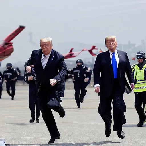 Image similar to donald trump running from policemen that are chasing him behind him, helicopters and explosions in the background