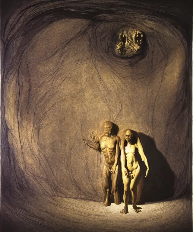 Image similar to The room without doors and windows with beautiful full-body wax sculpture of the glowing woman with visible golden bones inside her in the singularity where stars becoming baroque folds of dark matter by Michelangelo da Caravaggio, Nicola Samori, William Blake, Alex Grey and Beksinski, dramatic volumetric lighting, detailed oil painting, 8k, masterpiece