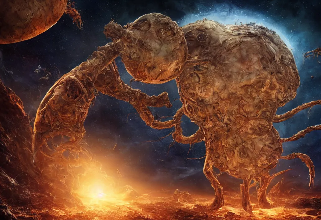 Image similar to eldritch horror bloody garfield in space, hd, 8 k, giant, epic, realistic photo, unreal engine, stars, prophecy, powerful, cinematic lighting, destroyed planet, debris, violent, sinister, ray tracing, dynamic, epic composition, dark, horrific, teeth, grotesque, monochrome drawing, hellscape, death, corpses, foreboding