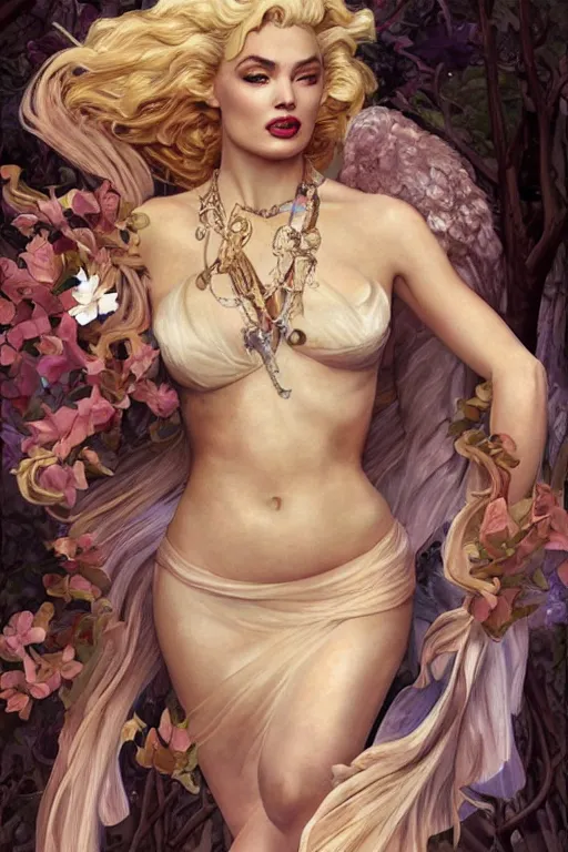 Image similar to ultra realistic illustration, a stunningly beautiful greek goddess of chaos played by marilyn monroe and christina hendricks and margot robbie and taylor swift and megan fox and emma stone and britney spears, intricate, elegant, highly detailed, digital painting, artstation, concept art, smooth, sharp focus, illustration, art by artgerm and greg rutkowski and alphonse mucha