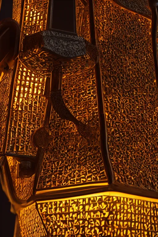 Prompt: detail shots of a lantern designed by antonin gaudi glowing in a street in barcelona at night, raytracing, 8 k, octane render, volumetric, vivid, beautiful, hyperrealism