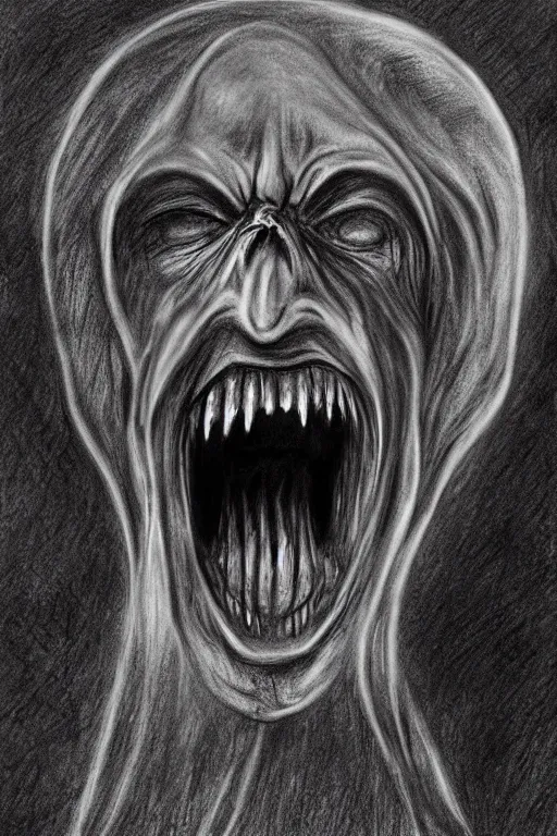 Prompt: dark wizard screaming face, charcoal drawing, dark art, dark fantasy, detailed and 8k