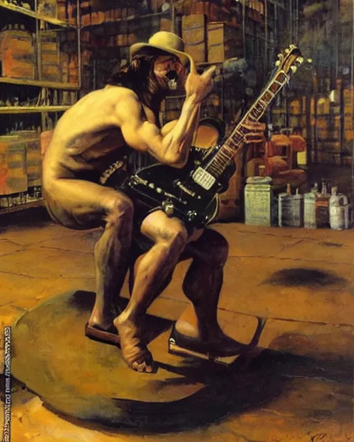 Image similar to muscly grimacing Snake Oil salesman shredding on a Gibson Les Paul in a snake oil warehouse, painting by Frank Frazetta