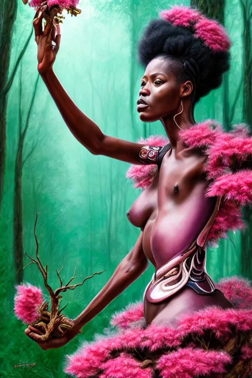 Image similar to hyperrealistic neo - rococo cinematic super expressive! yoruba goddess with exoskeleton armor, merging with tree in a forest, pink red flowers, highly detailed digital painting masterpiece, smooth cam de leon eric zener dramatic pearlescent soft teal light, ground angle hd 8 k, sharp focus