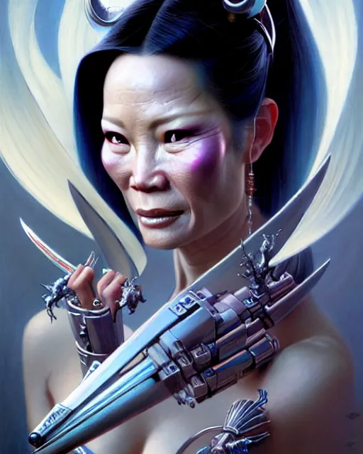 Prompt: beautiful gemini fantasy character portrait, lucy liu kill bill, ultra realistic, wide angle, intricate details, transformers artifacts, highly detailed by peter mohrbacher, hajime sorayama, wayne barlowe, boris vallejo, aaron horkey, gaston bussiere, craig mullins