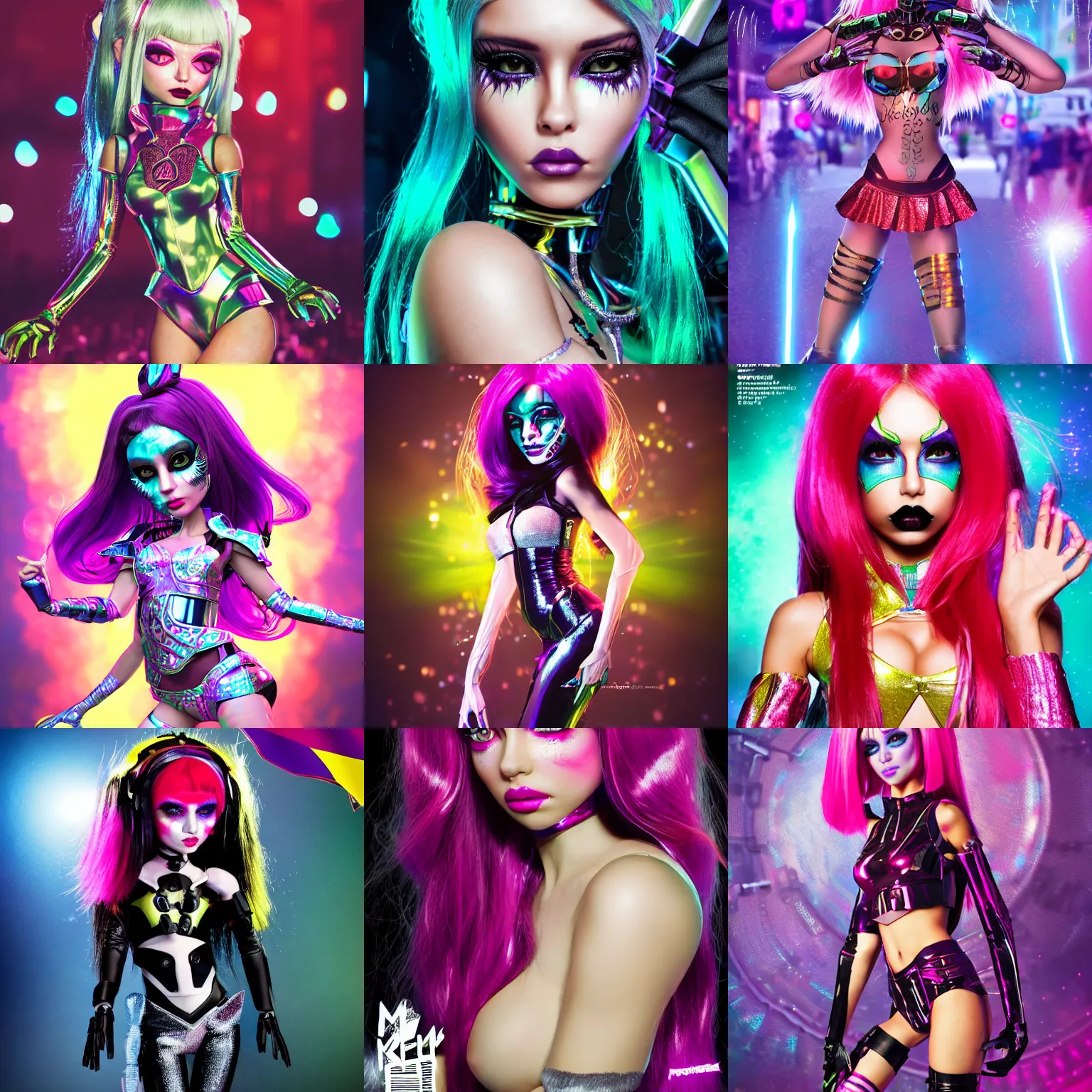Prompt: magazine cover :: of a cute gorgeous Ukrainian college girl scene raver cyborg wearing a shiny outfit on a crowded packed nyc sidewalk, monster high makeup, pouting, pouty look :: octane render, volumetric lighting, trending on artstation, anime, ue5, photoreal, rossdraws, blender render, :: Madison beer, Jessica alba, megan fox, adriana lima, ::