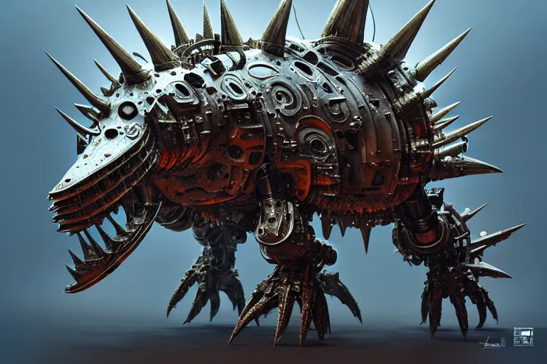 Prompt: spiky triceratops in a cyborg mech suit, by alexandre ferra, zezhou chen, peter gric, mohamed reda and hr giger, hyper detailed, screen print, character concept art, hyperrealism, coherent, octane render, zbrush central, behance hd, hypermaximalist