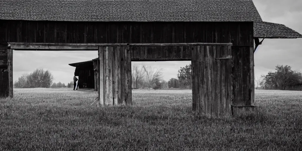 Prompt: street photography, an old barn in a field in the style of Roger deakins .