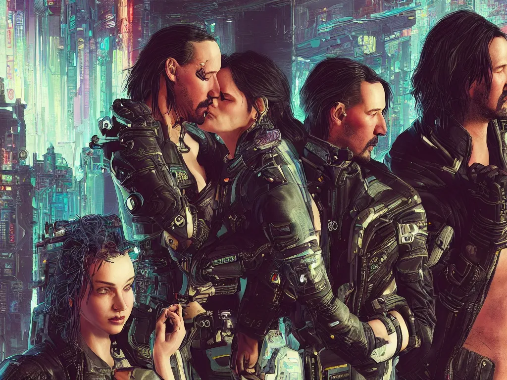 Prompt: a cyberpunk 2077 srcreenshot wedding couple portrait of a Keanu Reeves and a female android final kiss,love,film lighting,by Laurie Greasley,Lawrence Alma-Tadema,Dan Mumford,John Wick,Speed,Replicas,artstation,deviantart,FAN ART,full of color,Digital painting,face enhance,highly detailed,8K,octane,golden ratio,cinematic lighting