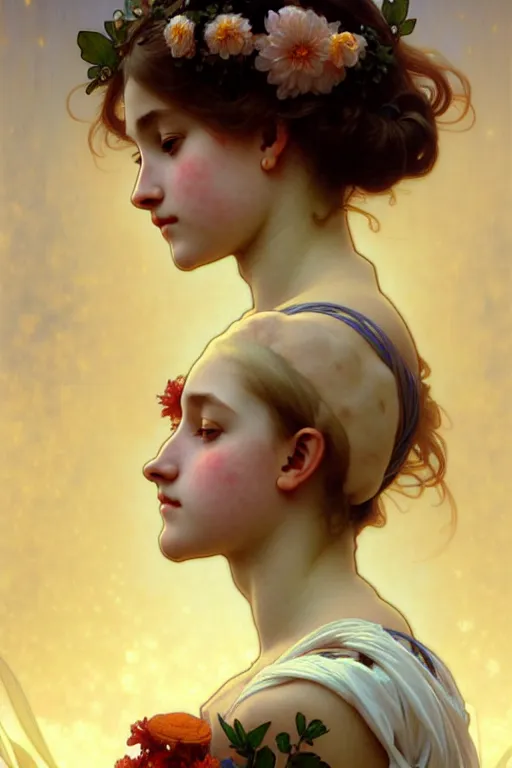 Image similar to sad flower girl, highly detailed, wonderful eyes, cute, digital painting, artstation, smooth, clear focus, illustration, art by artgerm and greg rutkowski, alphonse mucha, william - adolphe bouguereau, style by emile vernon