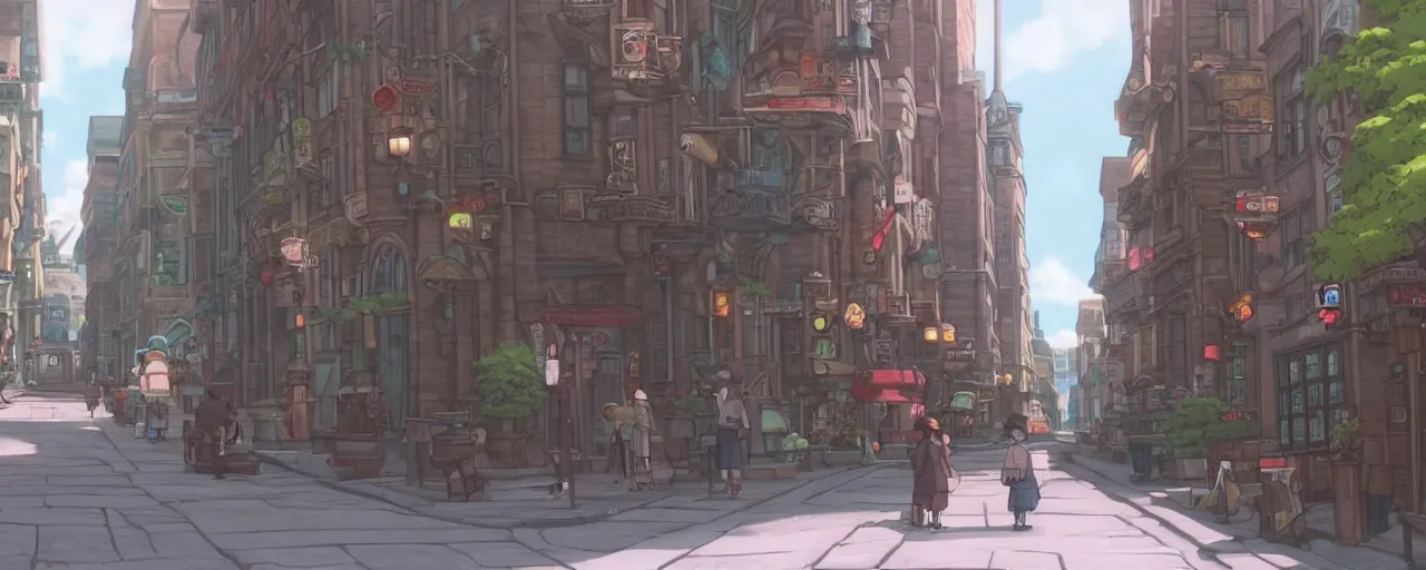 Image similar to A screenshot of the old montreal city street in the scene in the Ghibli anime film, pretty rim highlights and specular