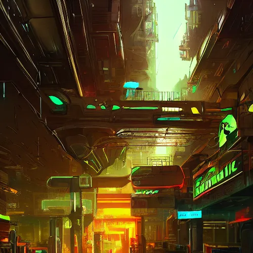 Image similar to a futuristic post - apocalyptic subway city of oriental type with neon lights artstation, illustration