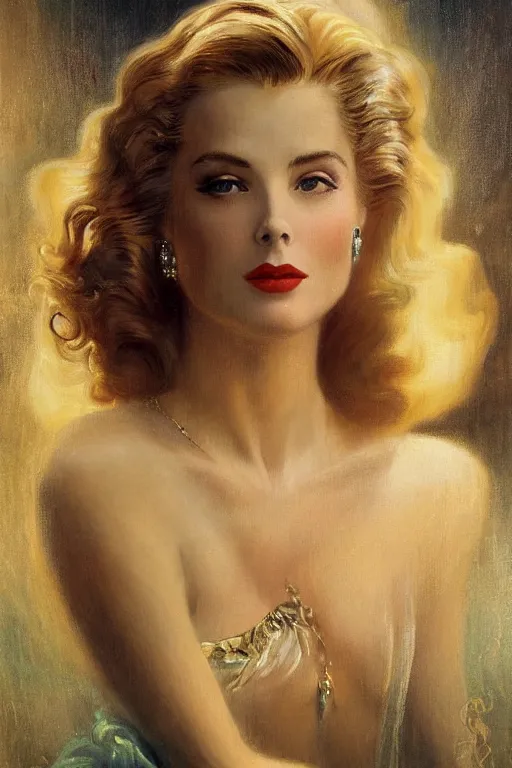 Image similar to a young and extremely beautiful grace kelly infected by night by dali in the style of a modern gaston bussiere, art nouveau, art deco, tom bagshaw. anatomically correct. extremely lush detail. melancholic scene infected by night. perfect composition and lighting. sharp focus. high - contrast lush surrealistic photorealism. sultry expression on her face.