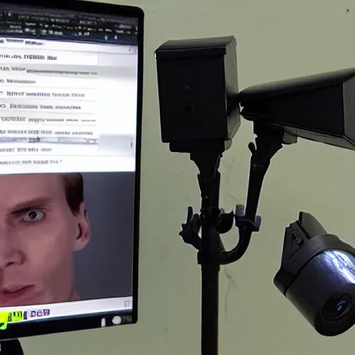 Prompt: Threatening images of Jerma on wide angle security camera