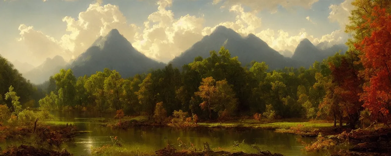 Image similar to beautiful forest scenery, distant mountains, river flowing through the verdant underbrush, distant clouds, cloud shadow, late autumn, painting by albert bierstadt and thomas cole