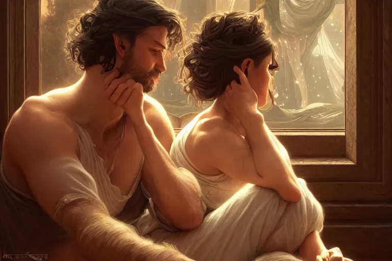 Image similar to close up of man and woman sitting on the floor while hugging each other in the living room, deep focus, d & d, fantasy, intricate, elegant, highly detailed, digital painting, artstation, concept art, matte, sharp focus, illustration, hearthstone, art by artgerm and greg rutkowski and alphonse mucha