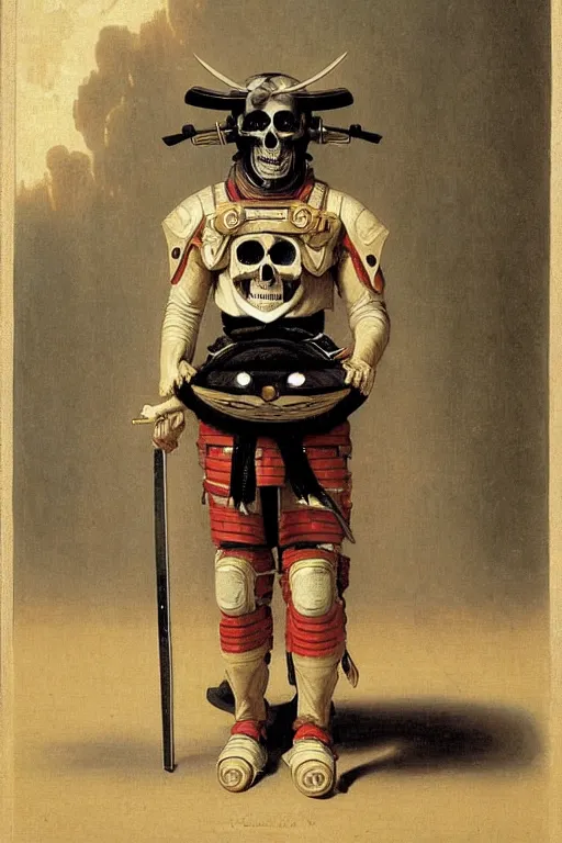 Image similar to portrait of a skull man samurai astronaut in samurai helmets an ancient human species, single person, by bouguereau