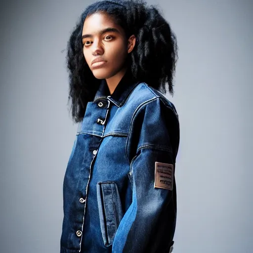 Image similar to realistic photoshooting for a new sacai emil lookbook color film photography portrait of a beautiful woman model, model wears a black paneled denim jacket, photo in style of tyler mitchell