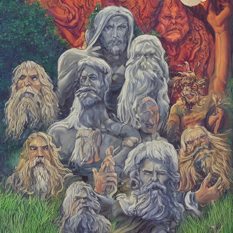 Prompt: a beautiful painting in the style of larry elmore of a stone man with his mystical friends at summer camp