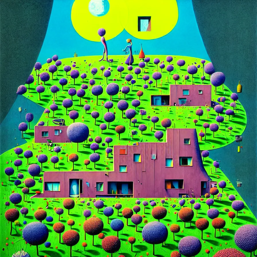 Image similar to surreal glimpse into other universe, house by norman foster, summer morning, very coherent and colorful high contrast, art by gediminas pranckevicius, geof darrow,!!! tove jansson!!!, floralpunk screen printing woodblock, dark shadows, hard lighting, stipple brush technique,